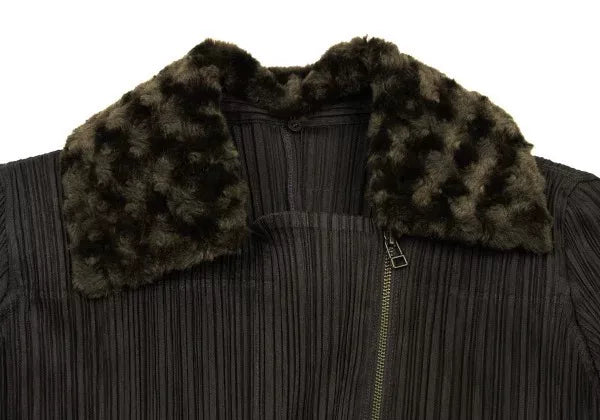 Issey Miyake Vintage Brown Double-Breasted Fur-Collar Pleated Coat
