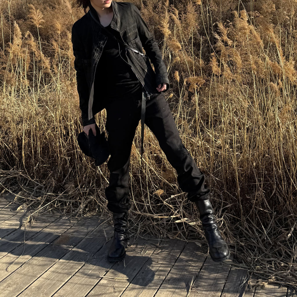 Julius Dark Vanguard Distressed Coated Denim Jacket