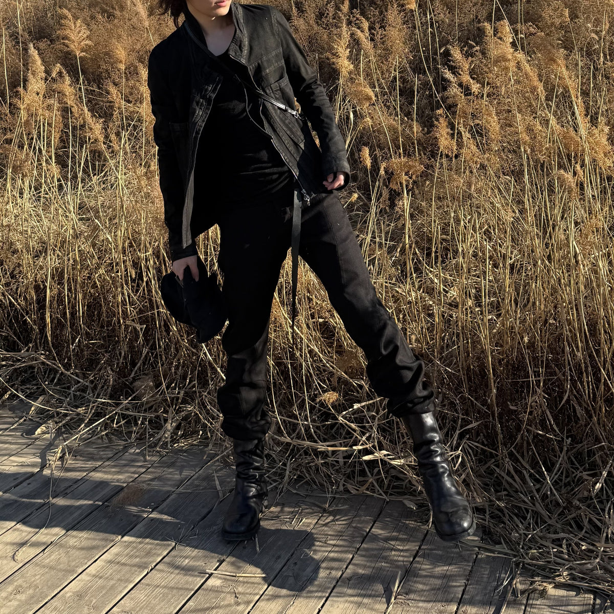Julius Dark Vanguard Distressed Coated Denim Jacket