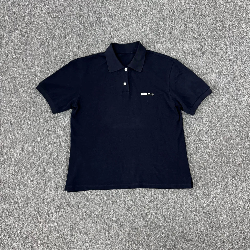 Miu Miu Short Sleeve Top Navy Embroidered Polo Shirt