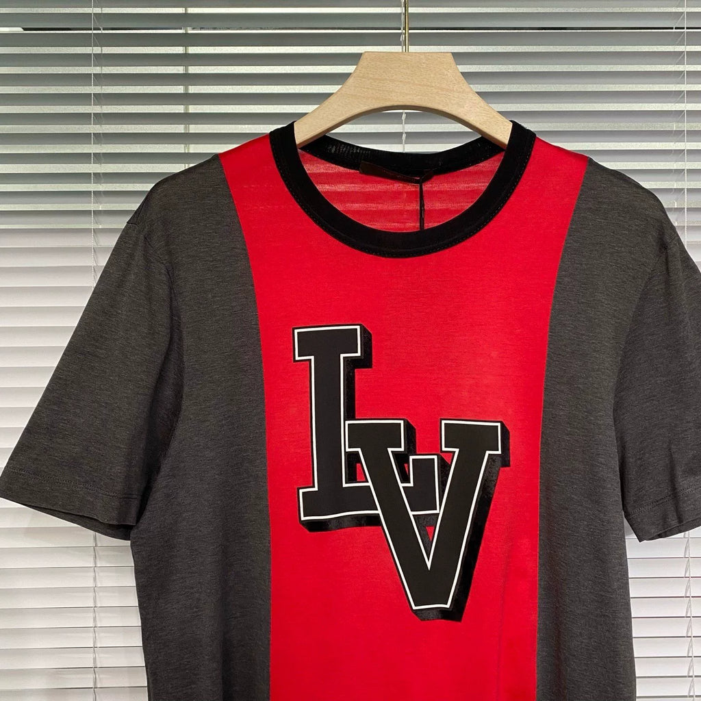 Louis Vuitton Print Logo Red Color-Block Cotton Short Sleeve T-Shirt